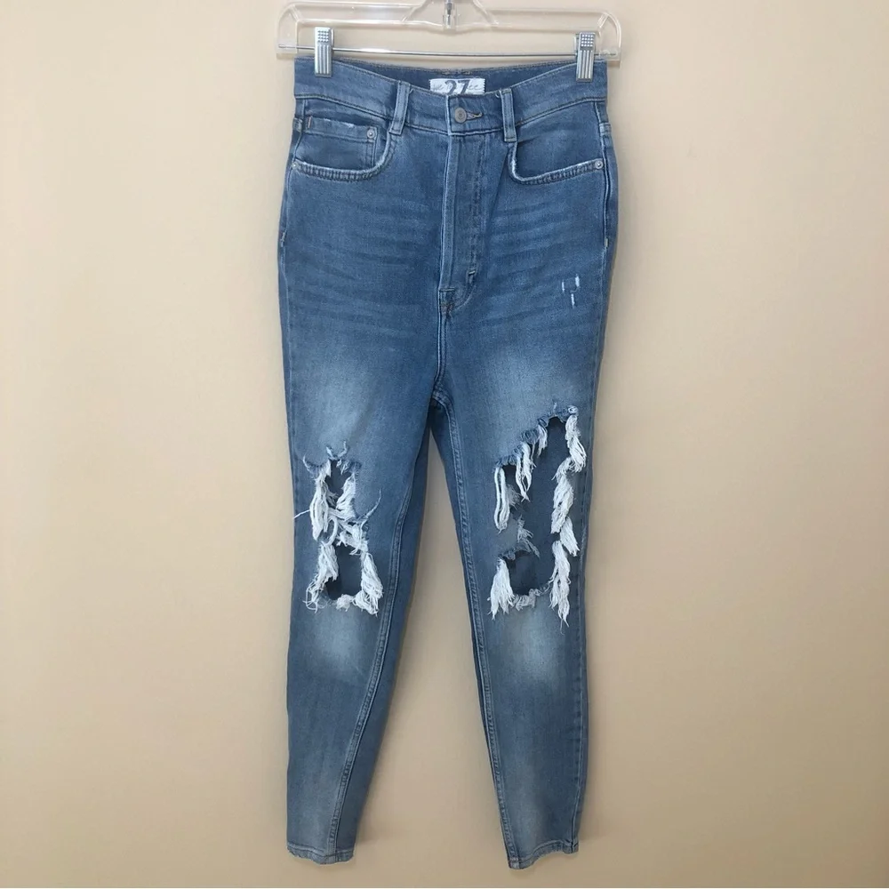 Free people we the free phoenix distressed blown out knees high rise jeans